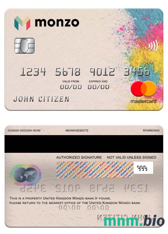 United Kingdom Monzo bank przykład karty mastercard w formacie PSD